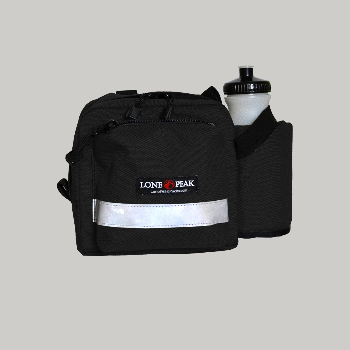 Black water bottle handlebar bag.