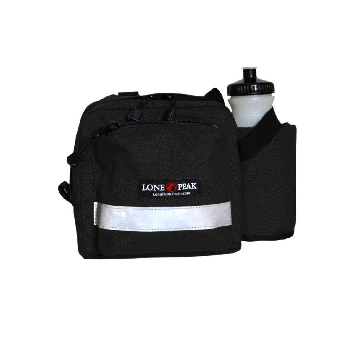 Black water bottle handlebar bag.
